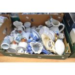 Two boxes of 20th Century blue and white decorative kitchen wares, including modern Delft