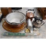 Brass jam pan, dog door stops, wooden tray, kettle, small churn, along with a parasol etc
