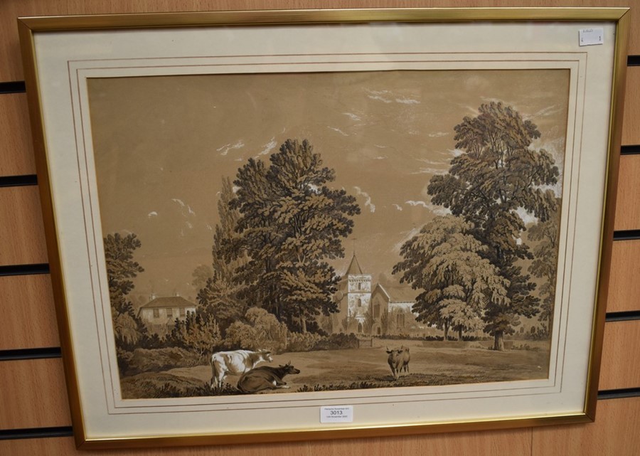 W Pascoe, 1854, cattle in a field, near a church, watercolour, signed to lower left, 36cms high by