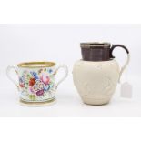 19th Century hand painted lovers mug, 1862, along with silver rimmed 19th Century wine jug with