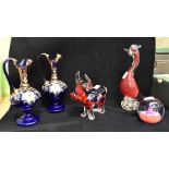 Two Murano clowns, sligt chips, AF, three glass paperweights, two Czech vases, blue blass
