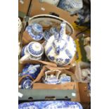 Two boxes of 20th Century blue and white tea caddies, storage jars, Chinese style teapots, including