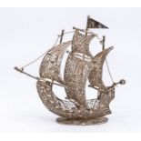 A Continental white metal fiiligee model of galleon