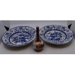 A pair of late 19th Century Japanese blue and white plates, a Japanese vase signed underneath