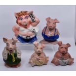 Six Natwest Wade pigs, two marble globes, Christmas tree hangings, LED flower lamp