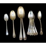 A set of six silver teaspoons, London 1855, a further teaspoon and three further silver spoons