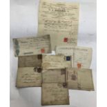 A collection of 19th Century envelopes, receipts, bearing various stamps, mostly Victorian and