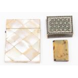 Three assorted boxes, to include a Mother-of-Pearl calling card box, size approx 100mm x 75mm, a