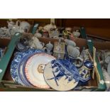 Two boxes of 20th Century blue and white Willow Pattern, other plates, jugs, cups, Delft etc