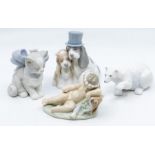 Three Nao figures, dogs and cat, with a cherub and a polar bear un related