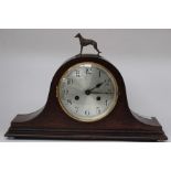 A circa 1930/40's mahogany wall clock, Arabic numerals, along with oak mantle clock with greyhound