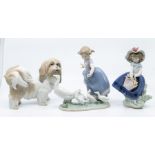 Three Lladro figures, girl with geese, girl with flowers and dog