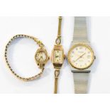 A 9ct gold Art Deco ladies wristwatch on later rolled gold strap, along with a ladies 9ct gold