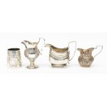 A group of silver to include three creams jug and christening mug: 1 x Victorian ogee shaped,