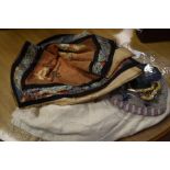 Chinese embroidery, Shawls x 2, bead bag and three miniature purses.