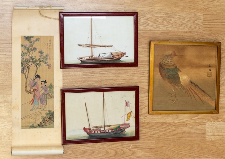 A pair of Chinese watercolours depicting ships at sea, a Chinese scroll, with a watercolour scene,