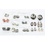 A collection of silver and white metal clip on earrings to include stone set versions such as