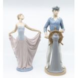 Two Lladro figures, steering a boat along with a dancer figure