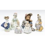 Five Lladro figures of young girls, along with one Nao plus another (Q)