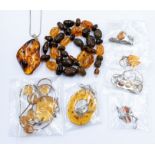 A collection of amber jewellery to include three large pendants and chains, two smaller pendants and