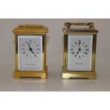 A Mappin & Webb brass cased carriage clock, white dial with Roman numerals, four pillared