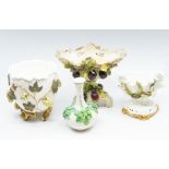 A Moore Brothers aesthetic pedestal posy bowl, a Moore Borthers jardiniere, a 19th Century vase,