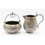An Indian white metal milk jug and sugar bowl, probably 19th Century, 6.58ozt approx