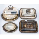 A collection of five various silver plated entrée dishes, with lids