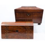 A mahogany tea caddy, of sarcophagus form, early 19th century, veneered, minor loss, missing