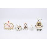 Five Royal Crown Derby paperweights to include two mice, teddy, rabbit and crown, all gold stoppers