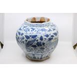 A Chinese hand painted blue and white jar, octagonal form, probably 20th Century, 29cms high approx,