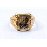 A 9ct gold signet ring, square head with applied letter DMC, diameter approx 15mm, size Z+2,