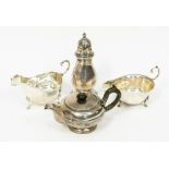 A collection of silver to include: an Edwardian batchelors teapot, ebonised finial and handle, by
