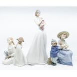 Five Nao figures of young children, lady with baby and girl with baby
