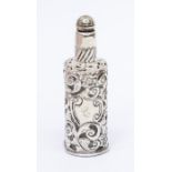 A late Victorian silver mounted glass scent bottle and plain cover the openwork cast with scrolls