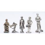 A group of plated figures to include: Boy with Cap; Boy carpenter; a Marksman (possibly a mascot), a