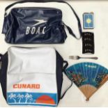 Vintage BOAC airline collectibles including  flight bags, one BOAC and one Cunard, fan, fork, sew on