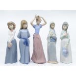 Four Nao figrues of young ladies and Lladro young lady with flowers