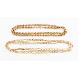 A 9ct gold figaro chain, length approx 22'', along with a 9ct gold rope twist chain, length approx