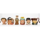Five small Royal Doulton character jugs, including Gone Away and Beefeaters, along with a sixth