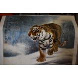 20th Century Chinese brush painting on scroll, depicting tiger in the snow, rolled with hanging