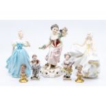 Royal Crown Derby china figure of Spring, two Doulton ladies, Sweet Seventeen, Enchantment, two