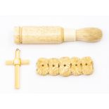 An ivory bracelet, an ivory shaving or make up brush with ivory pot and screw base, an ivory