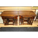 A contemporary mahogany cabinet with a gallery top and a pair of oak table nests, each comprising