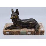 A 1930's gilded spelter figure of a German Shepherd on a marble edged base, 22cms high approx