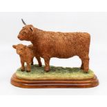 A Border Fine Arts Highland cow and calf, 2002, plinth base