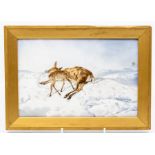 A Worcester ceramic plaque of a deer in snow, stamp to the back