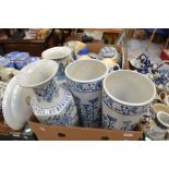 Two boxes of blue and white ginger jars, vases, biscuit jars etc