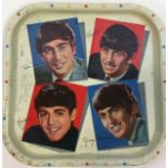 A box of brewiana trays including a Worcester Ware tray with images of the Beatles, John, Paul,