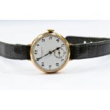 A J.W Benson 9ct gold gents wristwatch, white enamel dial, black number markers, subsidiary dial,